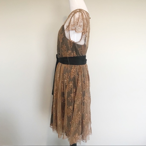 Anthro Moulinette Soeurs Gold Lace Overlay Dress - Picture 7 of 8